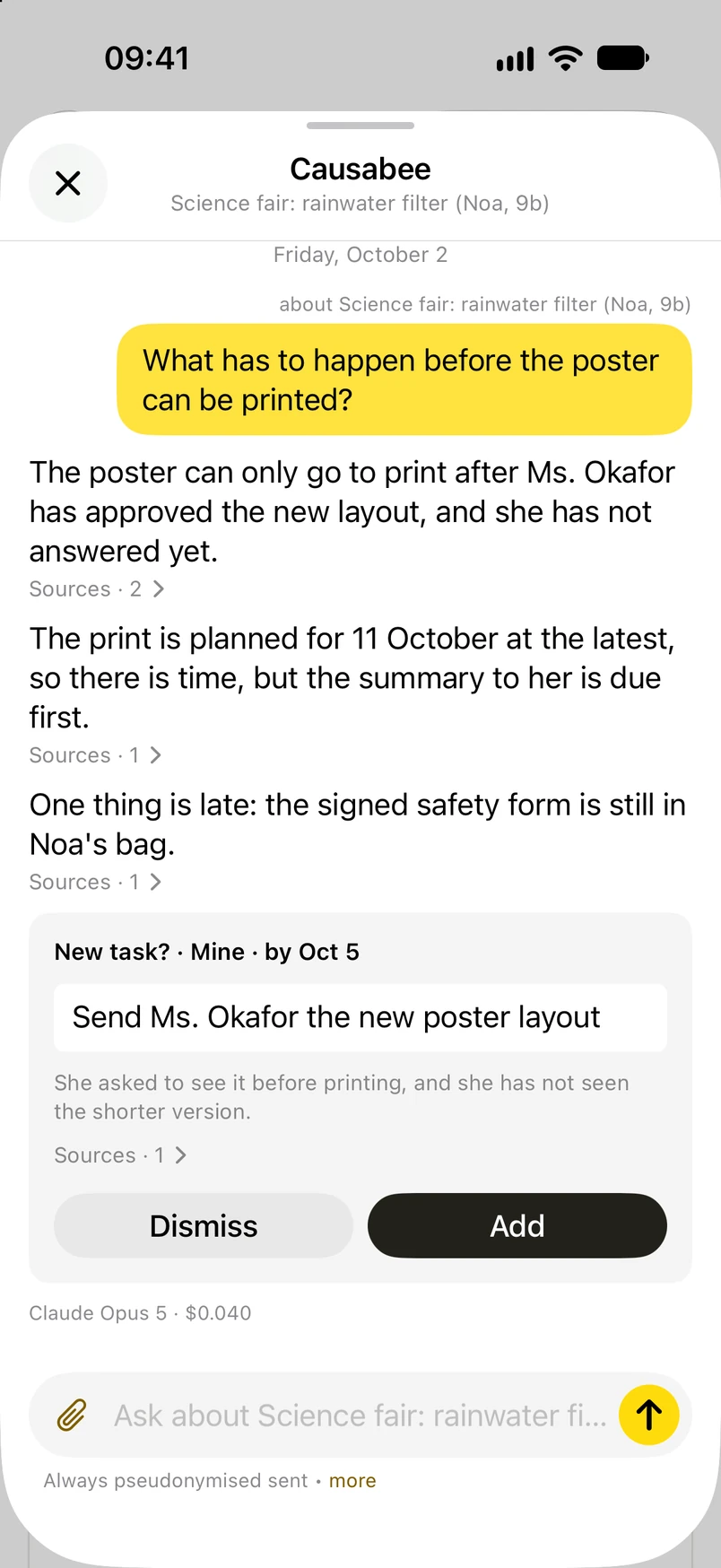 The assistant on iPhone answering a question about the matter: each answer shows its sources, and a suggested task can be added